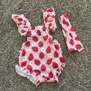 Strawberry Print Baby Romper with Headband